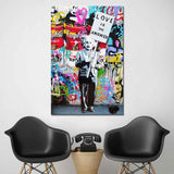 1 PCS Banksy Art “Love Is The Answer" Wall Art Large Colorful Graffiti Street Artwork A Man Holding a Sign Canvas Print Painting