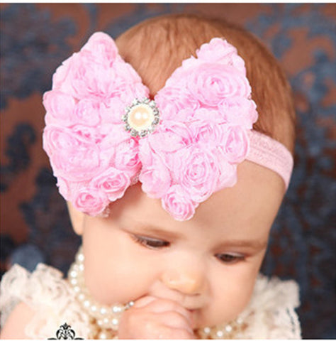 12Clrs Fashion children kids Baby girls Pearl & 2-layer Rose Flowers Bowknot Headband Headwear Hair Band Head Piece Accessories