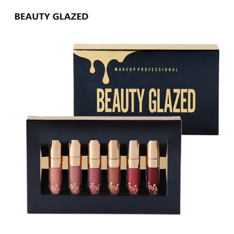 BEAUTY GLAZED Brand Lip Makeup Lipstick Lip Gloss Matte Easy To Wear Long-lasting Waterproof Lip Gloss Lip 6 Colors In Set
