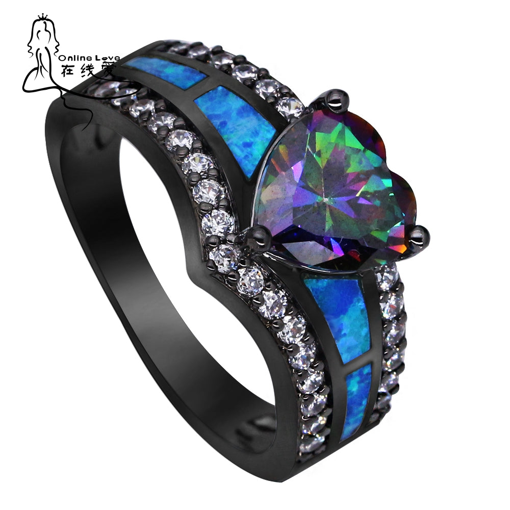 Black Plated Rainbow Blue Green Purple Stone Blue Opal Heart Rings for Women Wholesale Fashion Jewelry Cocktail Ring Gift BR090