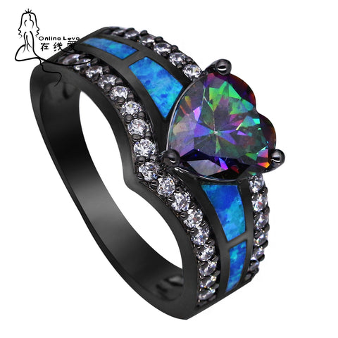 Black Plated Rainbow Blue Green Purple Stone Blue Opal Heart Rings for Women Wholesale Fashion Jewelry Cocktail Ring Gift BR090