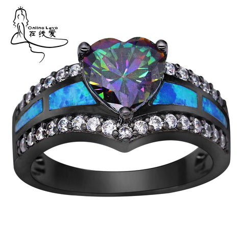Black Plated Rainbow Blue Green Purple Stone Blue Opal Heart Rings for Women Wholesale Fashion Jewelry Cocktail Ring Gift BR090