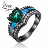Black Plated Rainbow Blue Green Purple Stone Blue Opal Heart Rings for Women Wholesale Fashion Jewelry Cocktail Ring Gift BR090
