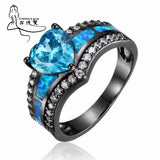 Black Plated Rainbow Blue Green Purple Stone Blue Opal Heart Rings for Women Wholesale Fashion Jewelry Cocktail Ring Gift BR090