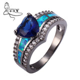 Black Plated Rainbow Blue Green Purple Stone Blue Opal Heart Rings for Women Wholesale Fashion Jewelry Cocktail Ring Gift BR090