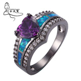 Black Plated Rainbow Blue Green Purple Stone Blue Opal Heart Rings for Women Wholesale Fashion Jewelry Cocktail Ring Gift BR090